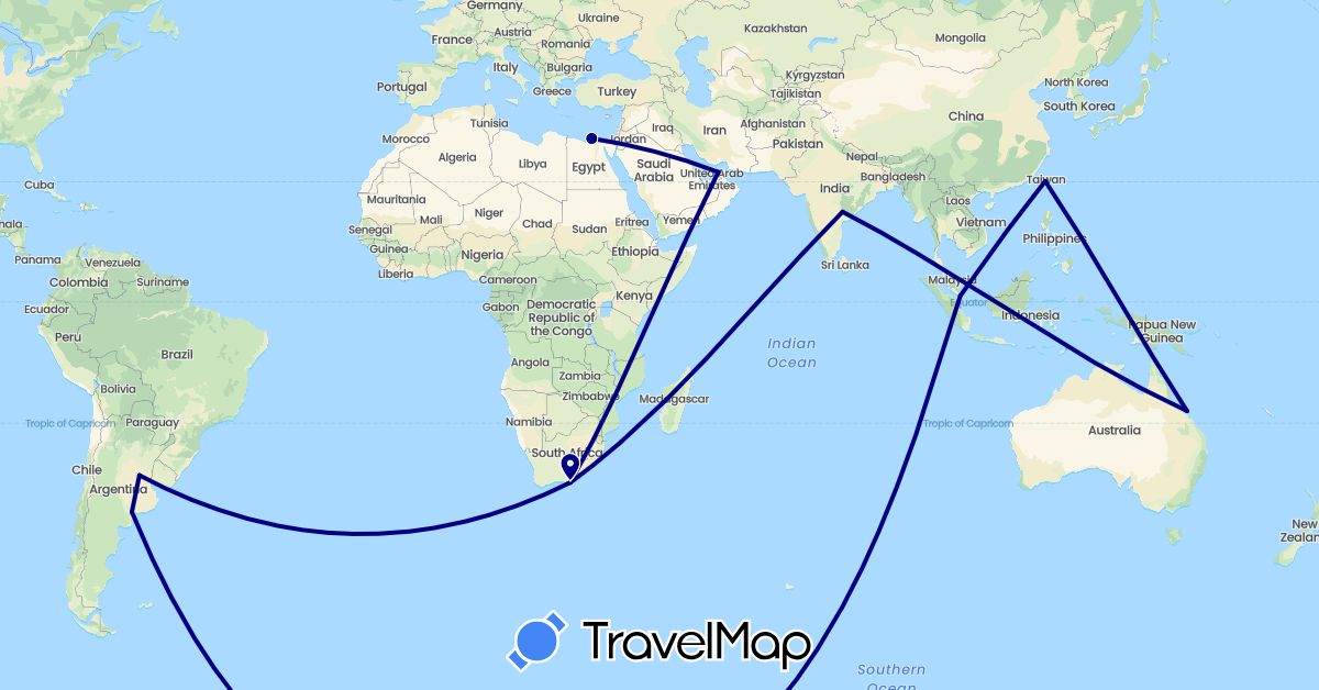TravelMap itinerary: driving in United Arab Emirates, Argentina, Australia, Egypt, India, Singapore, Taiwan, South Africa (Africa, Asia, Oceania, South America)